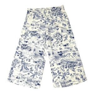 Da-sh Women's Blue & White‎ Print Linen Blend Wide Leg Cropped Pants Size Medium